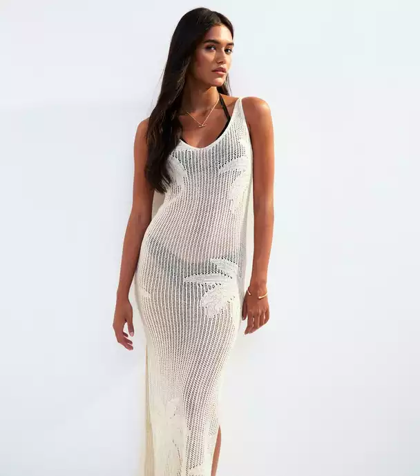 Cream Palm Crochet Cover Up Maxi Dress