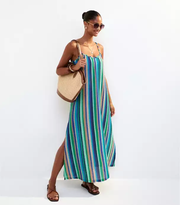 Blue Crocheted V-Neck Maxi Dress