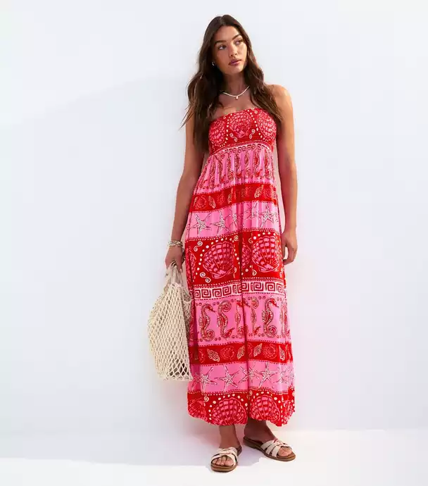 Red Striped Shell Print Bandeau Maxi Dress