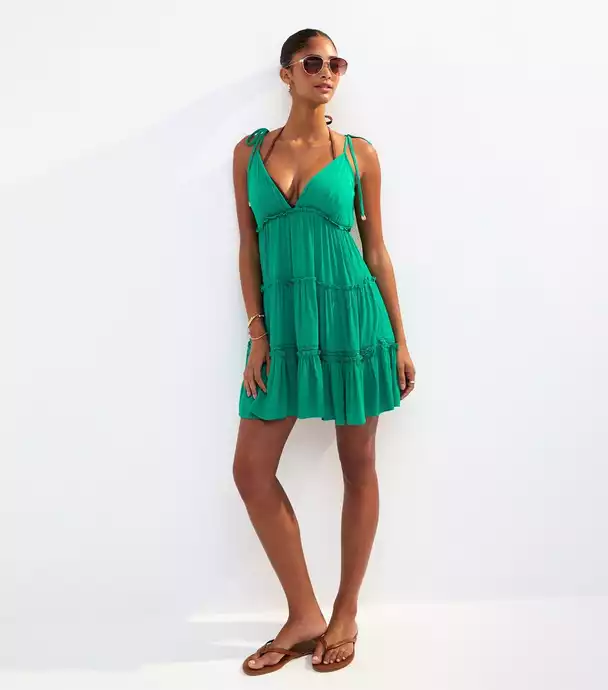Green Tie Shoulder Lace Trim Tiered Beach Mini Dress